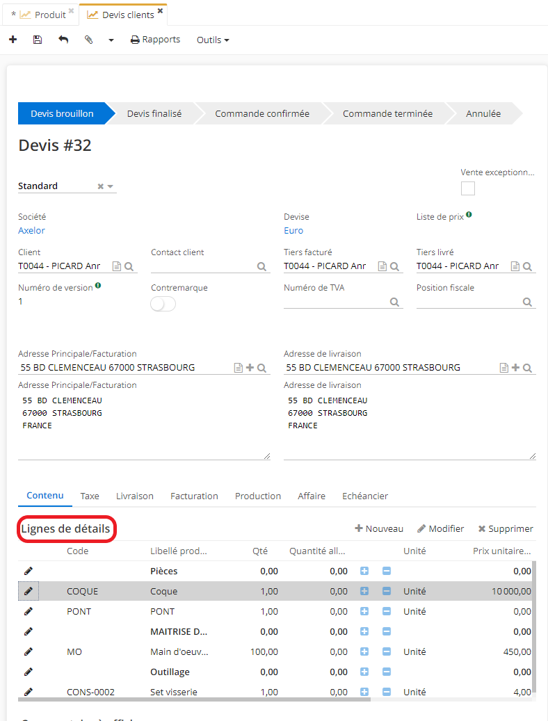 1.5. La méthode d’approvisionnement par défaut sur un devis client : sur le devis client, dans l’onglet Contenu, cliquez sur une ligne du tableau Lignes de détails. Par la suite, vous allez être redirigé sur la Ligne Commande Vente.