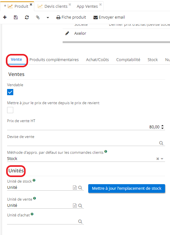 1.2. Sur la fiche du Produit dans l’onglet Ventes, vous pouvez également définir les différentes unités de stock / ventes / d’achat. Par exemple, si vous achetez un produit en tonnes, vous pouvez définir que sa vente se réalise en kilogrammes.
