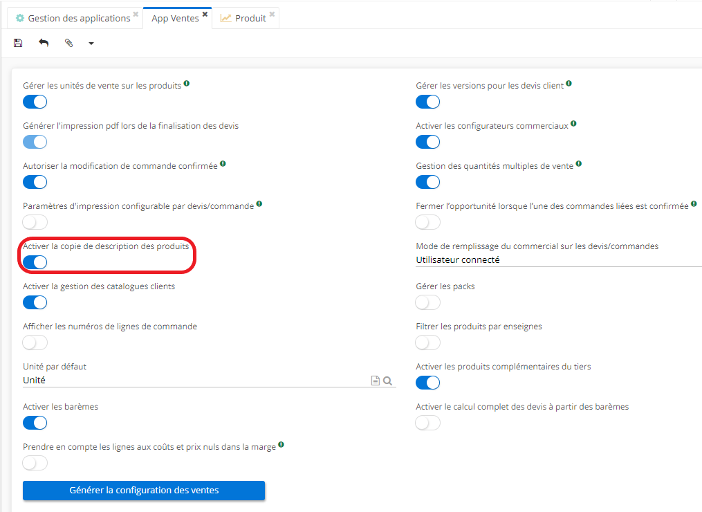 1.3. Config applicative - Gestion des applications - Ventes, configurer - cliquez sur le booléen “Activer la copie de description des produits”. 