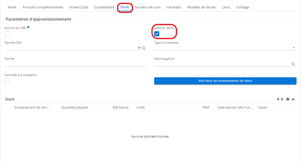 1.1. Sur la fiche produit, cliquez sur l’onglet Stock. Cochez la case “Géré en stock” afin de pouvoir gérer le produit en stock.