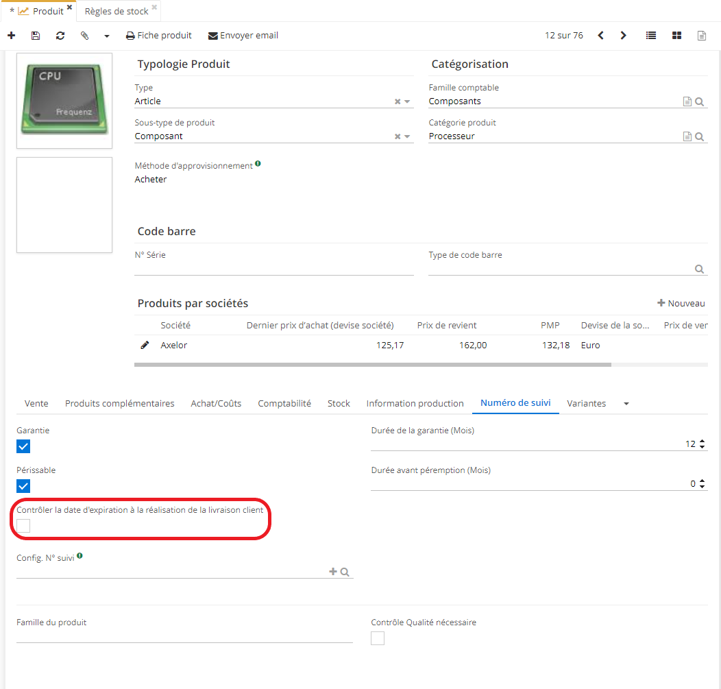 1.2. La case “contrôler la date d’expiration à la réalisation de la livraison client” permet de vérifier que le produit ne soit pas périmé avant de l'expédier chez le client.