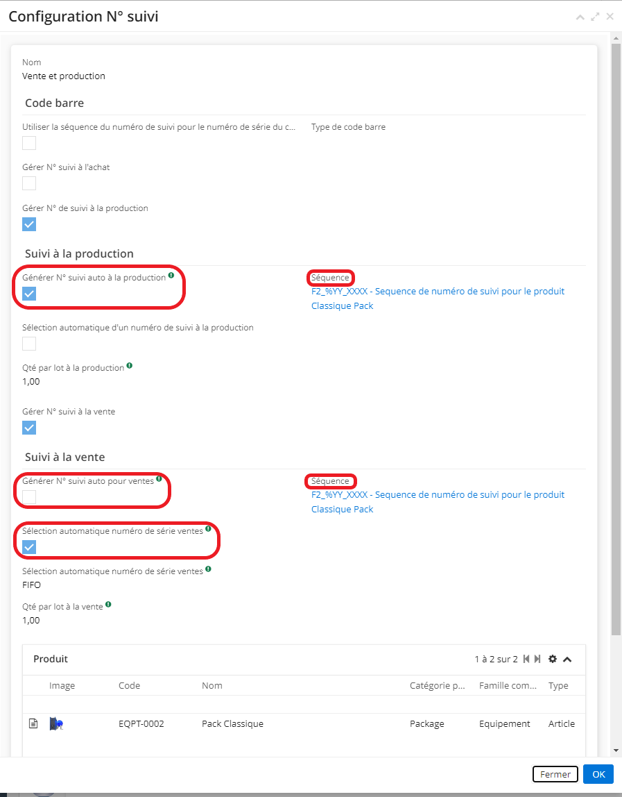 1.4. L’onglet de configuration de n° suivi. Le fait de cocher la case “Générer N° suivi auto à la production” ou la case “Générer N° suivi auto à la production” fait apparaitre le champ de Séquence. Configurez la séquence. Le fait de cliquer sur une Séquence vous permet de consulter l’onglet de Séquence en mode lecture seulement.