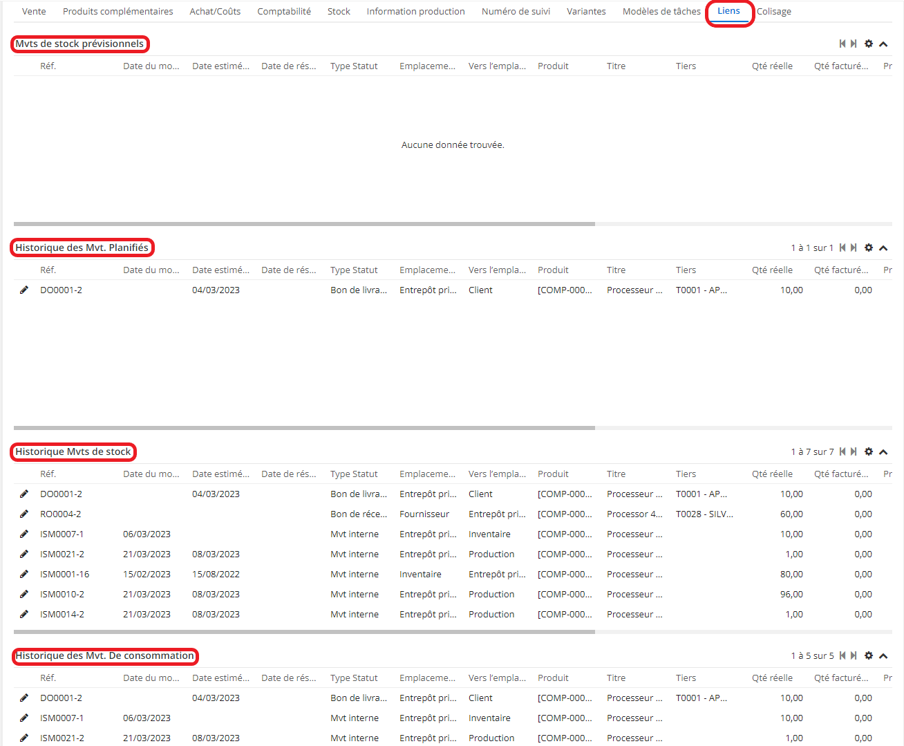 1.1. L’onglet Liens sur la fiche produit vous permet de consulter tous les mouvements des stocks liés au produit.