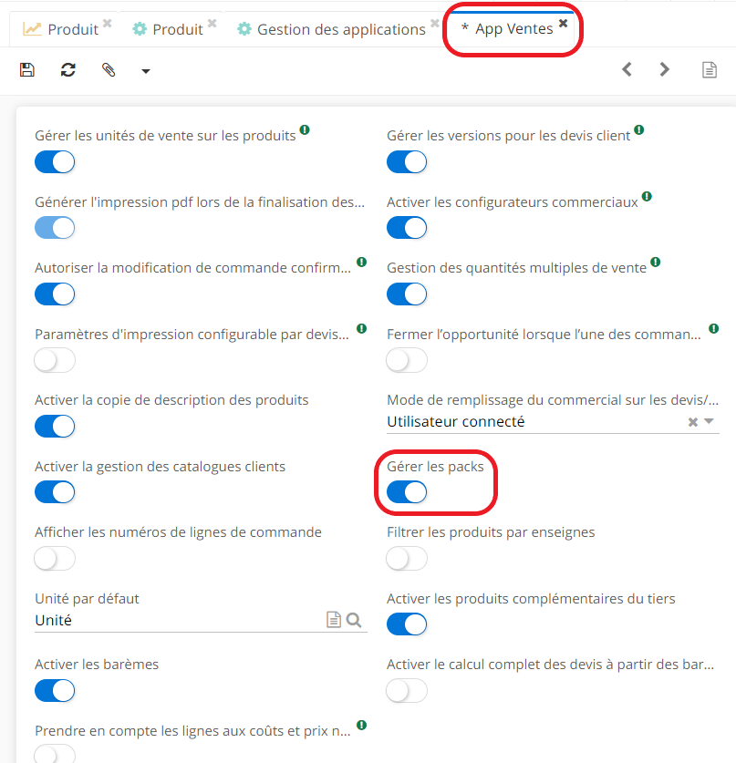 1.1. Activez la fonctionnalité des packs sur la page d’App Ventes en cliquant sur le booléen “Gérer les packs” (Config applicative → Gestion des applications → Ventes, configurer →  sur la page d’app Ventes, activez l’option “Gérer les packs”).