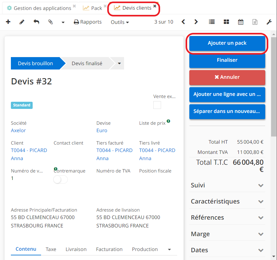 1.1. Sur le devis client, cliquez sur le bouton “Ajouter un pack”.