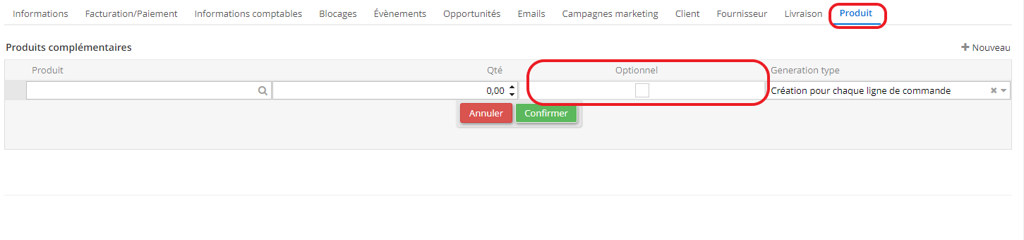 1.3. Lorsque vous ajoutez une nouvelle ligne de Produit complémentaire, cochez la case “Optionnel” s’il s’agit d’un produit optionnel.