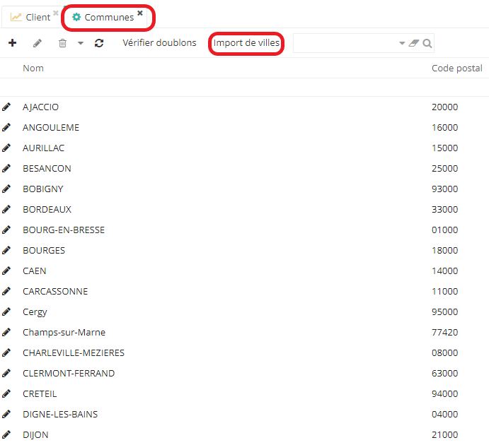 1.6. S’il manque une ville, des nouvelles villes peuvent être ajoutées (Config applicative →  Organisation → Territoire → Commune → sur la page des Communes cliquez sur “Import de villes”). Cliquez sur le bouton “Import de villes”. L’import de villes s’effectue soit via l’import des fichiers CSV soit via l’import Geonames.