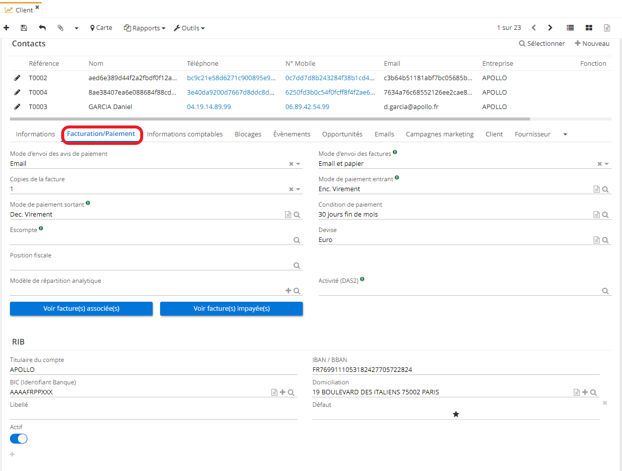 1.1. Sur la fiche client, dans l’onglet Facturation/Paiement vous trouverez les champs suivants : 1)  le mode d’envoi des avis de paiement 2) Copie de la facture 3) Escompte 4) Position fiscale 5) Modèle de répartition analytique 6) Modèle d’envoi des factures 7) Mode de paiement entrant 8) Condition de paiement 9) Devise 10) Activité (DAS 2). En outre, les boutons “Voir factures associées” et “Voir factures impayées” vont vous permettre de consulter les factures associées / impayées sur un nouvel onglet.