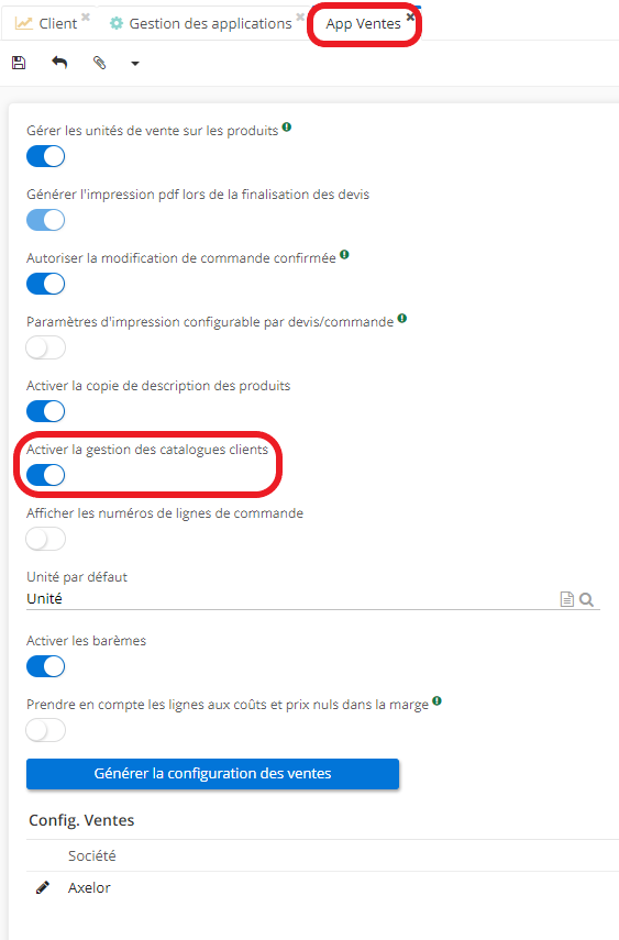 1.3. Pour que les catalogues apparaissent sur l’onglet Client sur la fiche Tiers, il est nécessaire d’activer l’option sur la page d’app Ventes. Accès : Config applicative → Ventes, configurer →  sur la page de l’app ventes cliquez sur l'option Activer la gestion des catalogues clients.