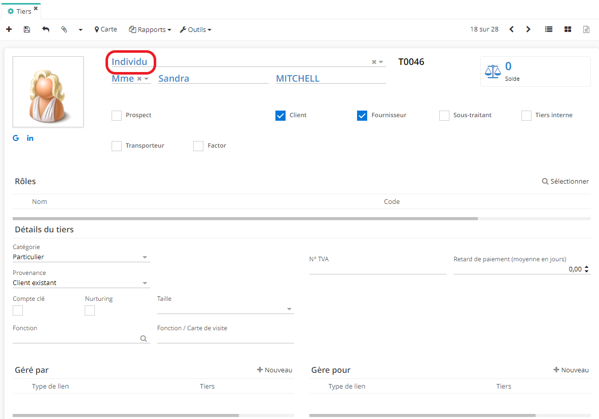 1.1. Indiquez sur la fiche client si c’est un Individu ou Société. La fiche client Société vous permet de pouvoir rattacher des contacts, tandis qu’un tiers individu est à la fois le client et le contact. Sur l’image : tiers individu.