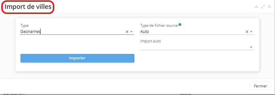 1.7. Une fois que vous avez cliqué sur le bouton “Import de villes”, vous pourrez lancer l’import. Sélectionnez le type de fichier source (soit auto, soit manuel ; le type manuel vous permettra d’exporter vos fichiers).