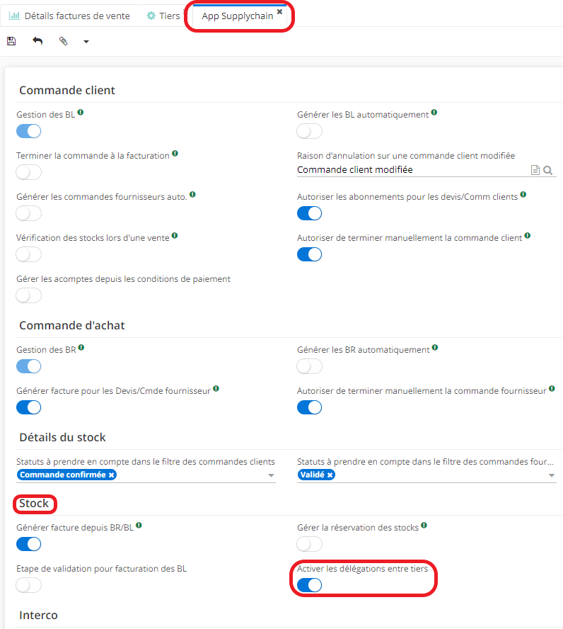 1.1. Comment activer l’option “Activer les délégations entre tiers” ? Accès : Config applicative →  Gestion des applications →  Supplychain, configurer →  cliquez sur l'option “Activer les délégations entre tiers”.