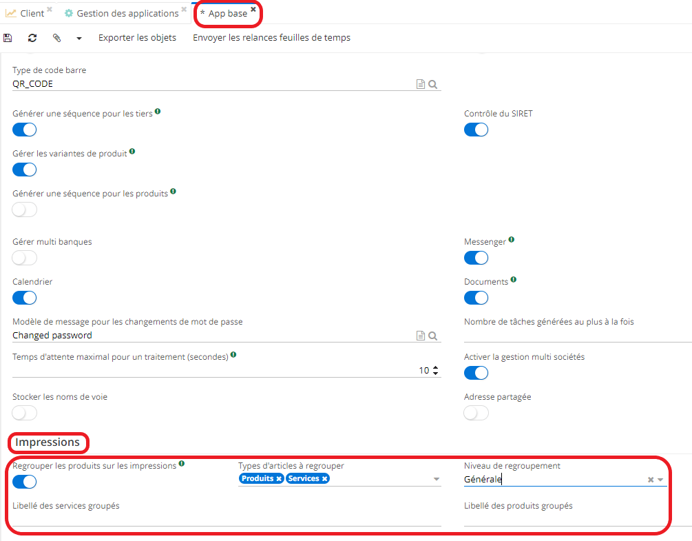 1.4. Afin d’activer l’option “Regrouper les produits sur impressions”, accédez au : Config applicative → Gestion des applications → Base, configurer → dans  l’onglet “Configuration”, activez l'option “Regrouper les produits sur impressions”.