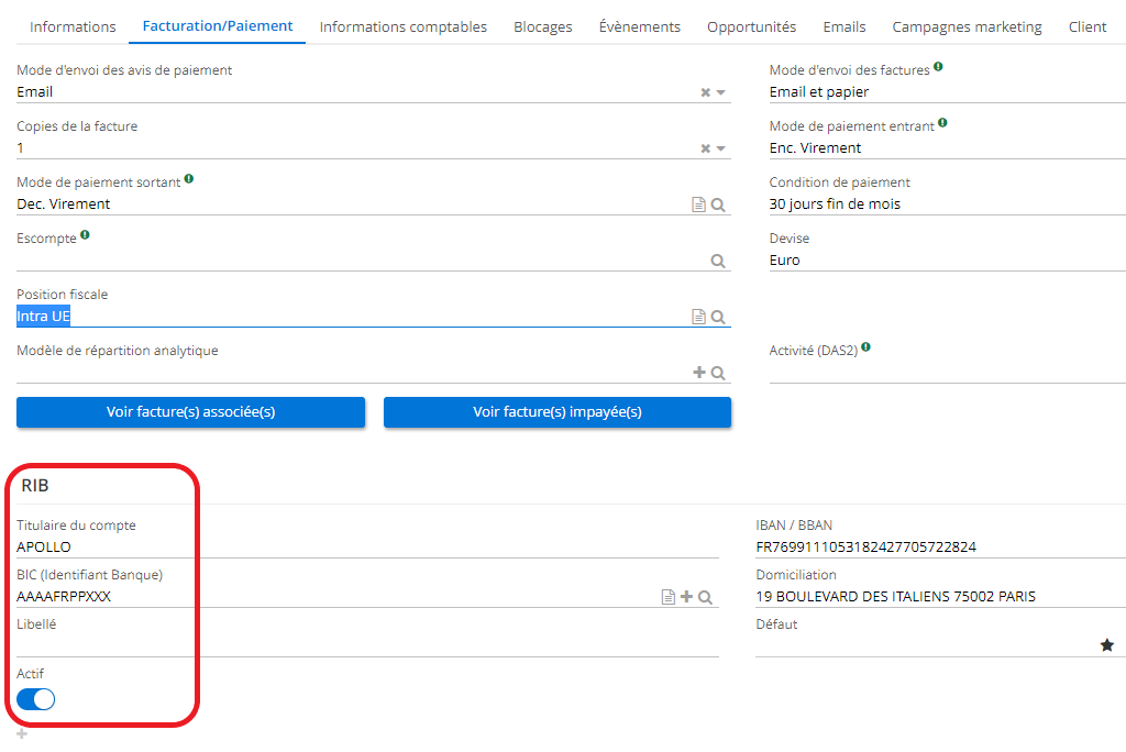 1.2. Toujours sur la fiche client, dans l’onglet Facturation/Paiement, vous pouvez renseigner un RIB.