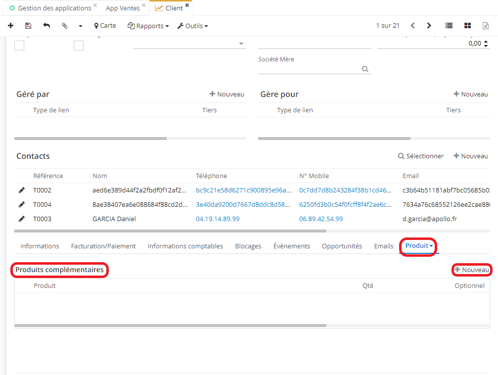 1.2. Une fois que l’option “Activer les produits complémentaires du tiers” a été activée, sur la fiche client il devient possible d’ajouter des lignes concernant les nouveaux produits complémentaires.