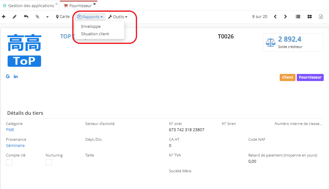 1.1. Sur la fiche Client, cliquez sur les Rapports afin d’imprimer un enveloppe avec l’adresse du tiers.
