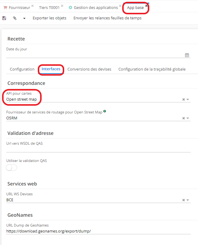 1.3. Sélectionnez quel API pour cartes vous souhaitez utiliser. Accès : Config applicative →  Gestions des applications → Base, configurer →  Interface →  Champ “API pour cartes” → sélectionnez soit Google, soit Open Street map.