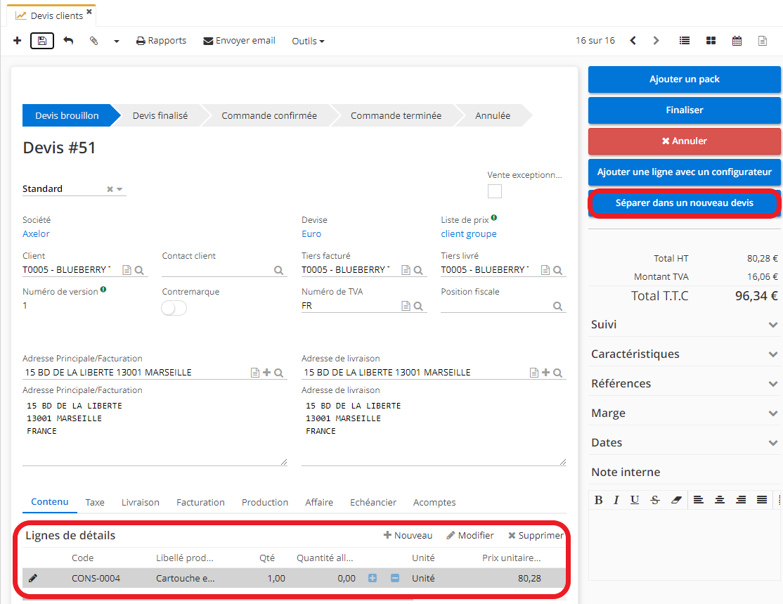 1.1. Sélectionnez les lignes du tableau “Lignes de détails” et cliquez sur “Séparer dans un nouveau devis”. Par conséquent, un nouveau devis va être créé avec les lignes sélectionnées.