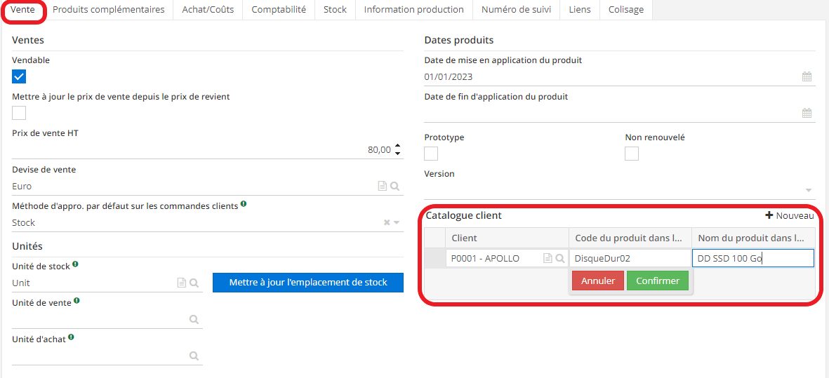 1.1. Catalogue client (onglet vente) sur la fiche produit.