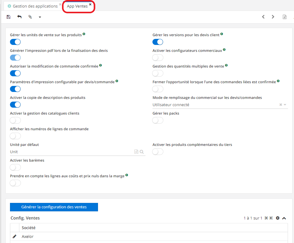 1.1. Configurations du module Ventes sur la page de l’app Ventes (Config applicative → Gestion des applications → Ventes, configurer).