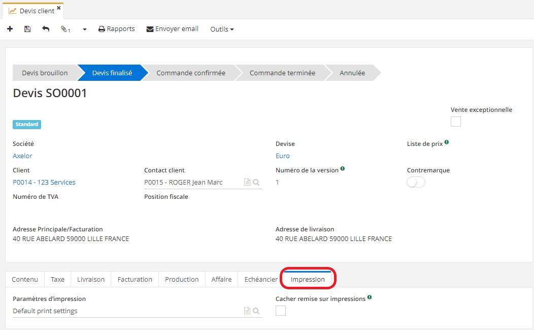 1.4. L’activation de l'option “Paramètres d’impression configurable par devis/commande” fait apparaitre l’onglet “Impression” sur la fiche de devis.