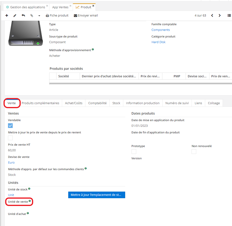 1.1. Le fait d’activer l’option “Gérer les unités de vente sur les produits” fait apparaître le champ “Unité de vente” sur la fiche produit.Définissez l’unité qui vous convient.