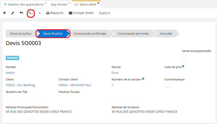 1.2. L’option “Générer l’impression pdf lors de la finalisation des devis” vous permet de générer automatiquement un pdf au moment de la finalisation d’un devis. Cliquez sur l’icône de trombone afin d’accéder aux fichiers attachés.