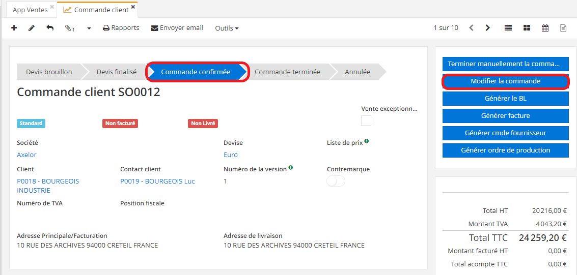 1.4. Si vous activez l’option “Autoriser la modification de commande confirmée”, il devient possible de modifier une commande confirmée. Sur la fiche de commande, cliquez sur le bouton “Modifier la commande”. Le système étiquettera par la suite la fiche comme “Commande en cours de modification”.