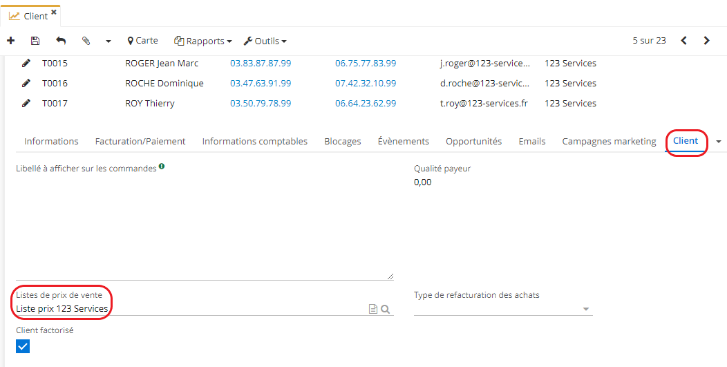 1.5. Sur la fiche client, cliquez sur l’onglet Client. Dans le champ “Listes de prix de vente” sélectionnez une liste de prix de vente.