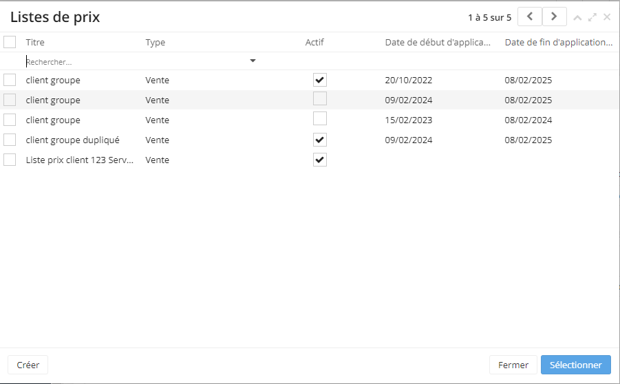 1.3. Sur la fiche de liste de prix pour tiers, lorsque vous cliquez sur “Sélectionner” afin d’ajouter une liste de prix déjà existante au tableau “Listes de prix”, vous allez être redirigé sur un nouvel onglet où vous pouvez sélectionner une ou plusieurs listes de prix.