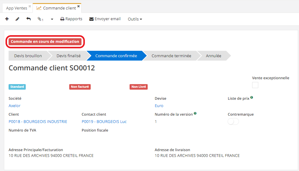 1.5. La fiche de commande client a été par la suite étiquetée comme “Commande en cours de modification”.