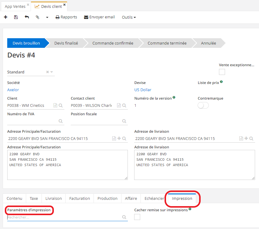 1.6. Le fait d’activer l’option “Paramètres d’impression configurable par devis/commande” fait apparaître nouvel onglet “Impression” sur la fiche de devis / commande. Cet onglet “Impressions” vous permet de configurer les paramètres plus spécifiquement par devis / commande. Sur le champ “Paramètres d’impression”, sélectionnez les paramètres d’impression personnalisés qui ont été configurés au préalable  dans Config applicative → Maintenance technique → Paramètres d’impression.