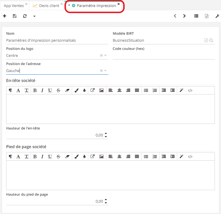 1.7. Si vous souhaitez configurer les paramètres personnalisés, ils doivent être configurés à part dans Config applicative → Maintenance technique → Paramètres d’impression.