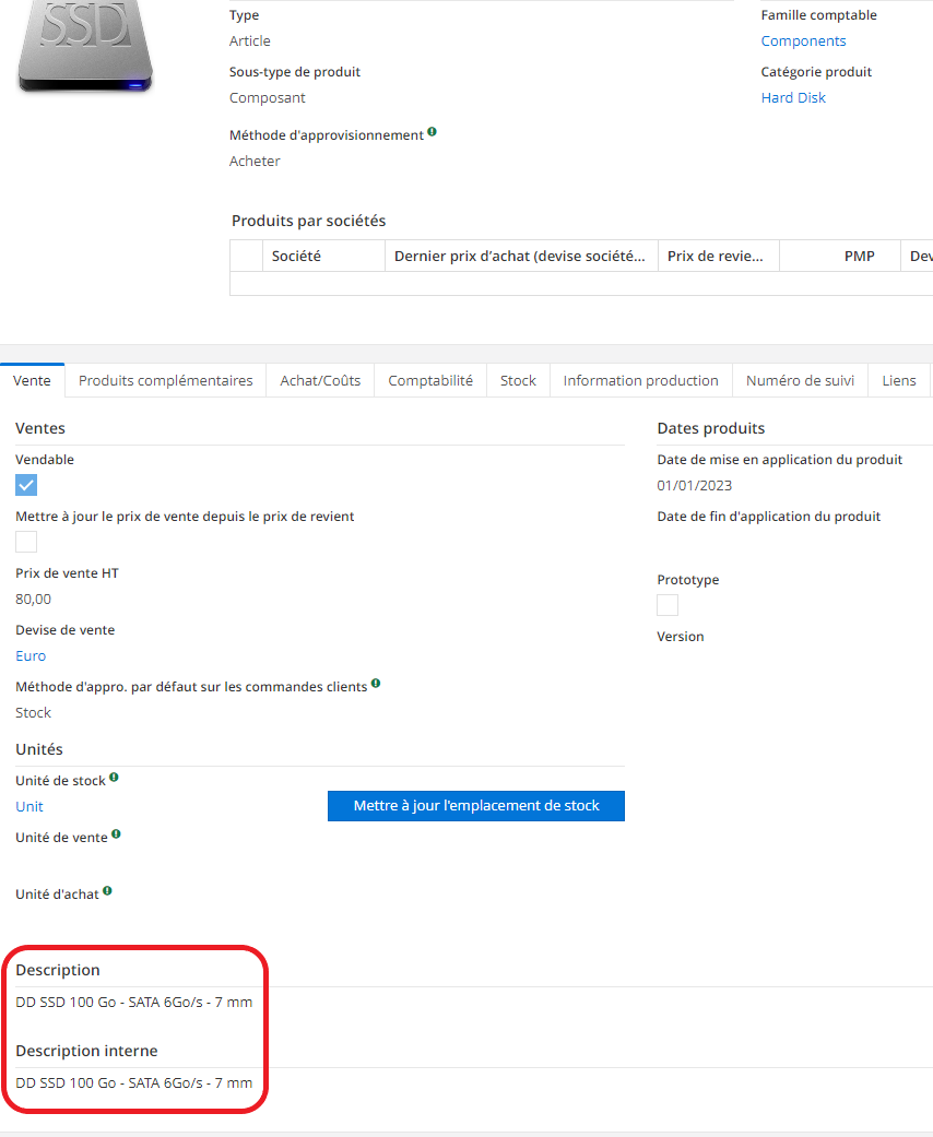 1.8. L’option Activer la Copie de Description des Produits permet d’afficher la description des produits. Sur la fiche produit, cliquez sur l’onglet Vente afin de consulter la description existante.