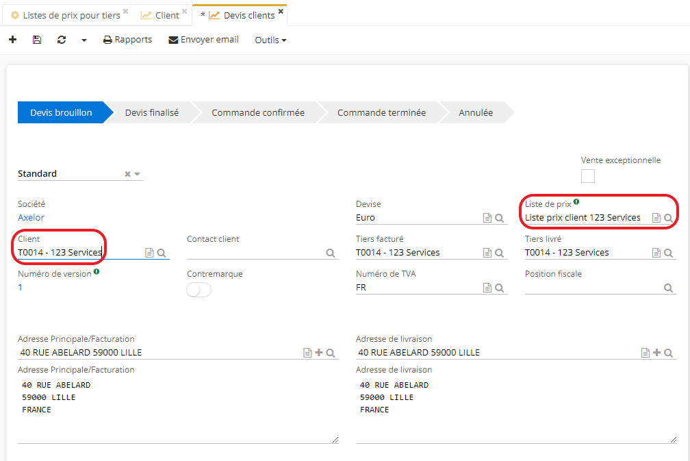 1.1. Sur la fiche Devis clients, sélectionnez le Client dans le champ “Client”. Si ce client est rattaché à une liste de prix, les champs concernant la liste de prix seront remplis automatiquement.