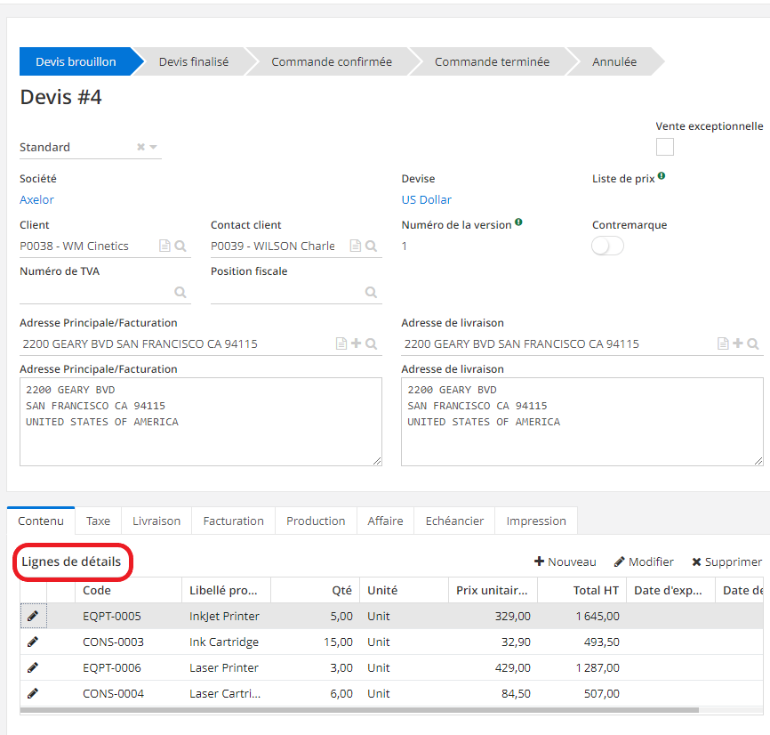 1.9. Sur la fiche de devis, cliquez sur une ligne de détails afin de consulter la description sur l’onglet Ligne Commande Vente.