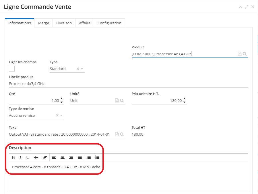 2.1. La description du produit sur l’onglet Ligne Commande Vente.