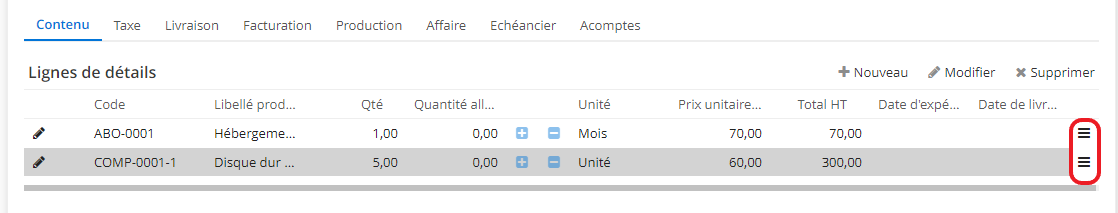 Vous pouvez déplacer les lignes de devis dans l’ordre que vous souhaitez en cliquant sans lâcher sur l’icône à droite, sur le tableau “Lignes de détails”.