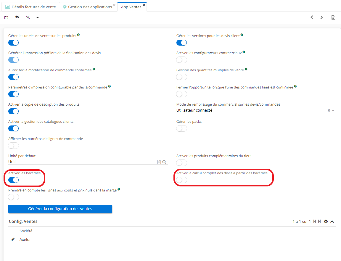 1.3. Si vous activez l’option “Activer les barèmes”, une deuxième case “Activer le calcul complet des devis à partir des barèmes” va apparaître.