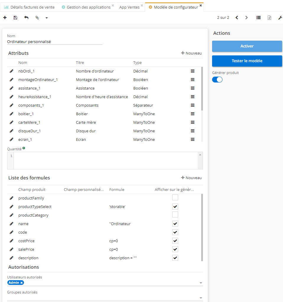 1.1. La fiche du modèle de configurateur (Ventes Configuration → Configurateurs → Modèle de configurateur ou Configurateur).