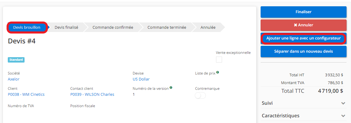1.2. Une fois qu’un produit a été créé avec un configurateur, vous pourrez ajouter une ligne avec un configurateur en cliquant sur le bouton “Ajouter une ligne avec un configurateur” sur un devis en état de brouillon.