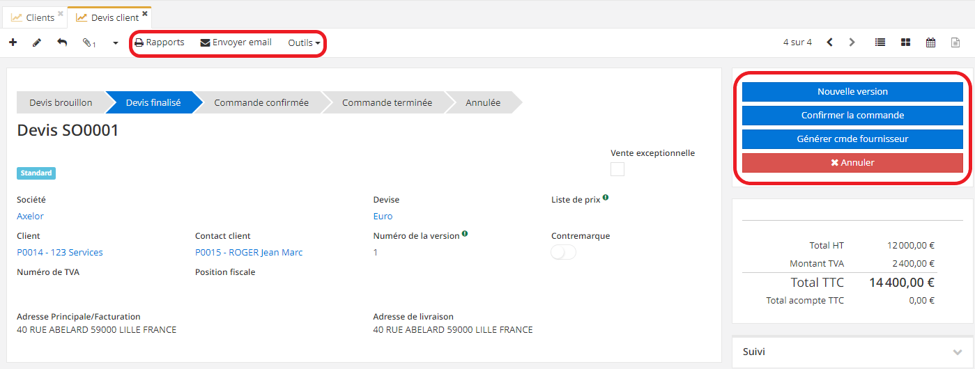 1.2. Plusieurs actions sont réalisables sur la fiche de devis finalisé grâce aux boutons sur la barre de tâches en haut, comme “Rapports”, “Envoyer email” et “Outils”. En outre, vous pouvez effectuer d’autres actions en cliquant sur les boutons situés sur la droite de la fiche du Devis, comme “Nouvelle version”, “Confirmer la commande”, “Générer commande fournisseur”, “Annuler”.