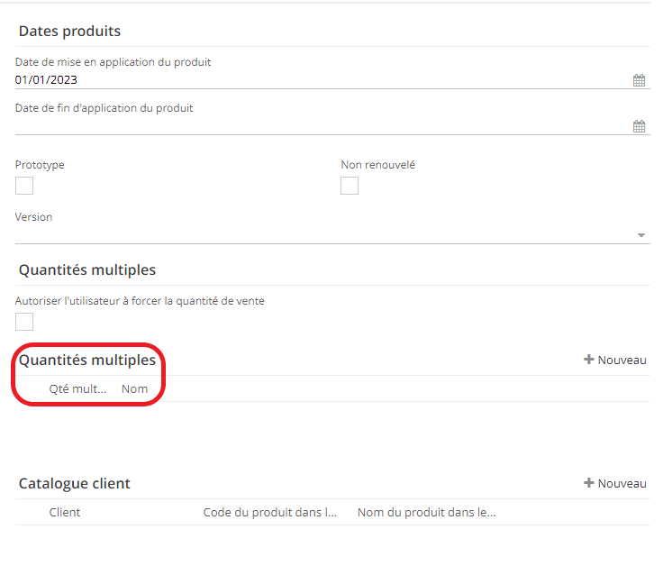 1.1. Sur la fiche produit, dans l’onglet “Ventes”, vous trouverez la partie dédiée aux Quantités multiples. Configurez les quantités multiples depuis la fiche produit si il y a besoin. Si l’utilisateur essaye de confirmer une ligne de commande contenant un produit avec des quantités non conformes aux quantités multiples définies, la ligne commande ne pourra pas être validée et le système notifiera l’utilisateur que la quantité multiple n’est pas respectée.