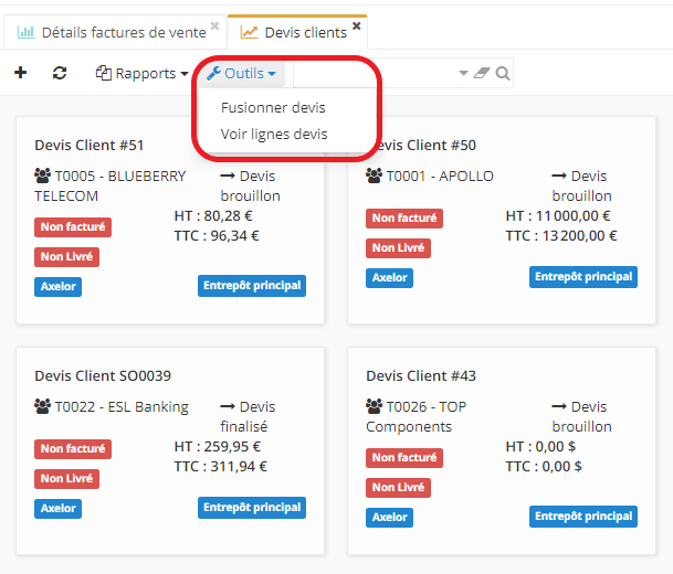 1.1. Fusionnez le devis en cliquant sur “Outils” dans la liste de devis.