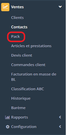 1.1. Le fait d’activer l'option “Gestion des packs” va ajouter une entrée de menu “pack” dans le module Ventes.