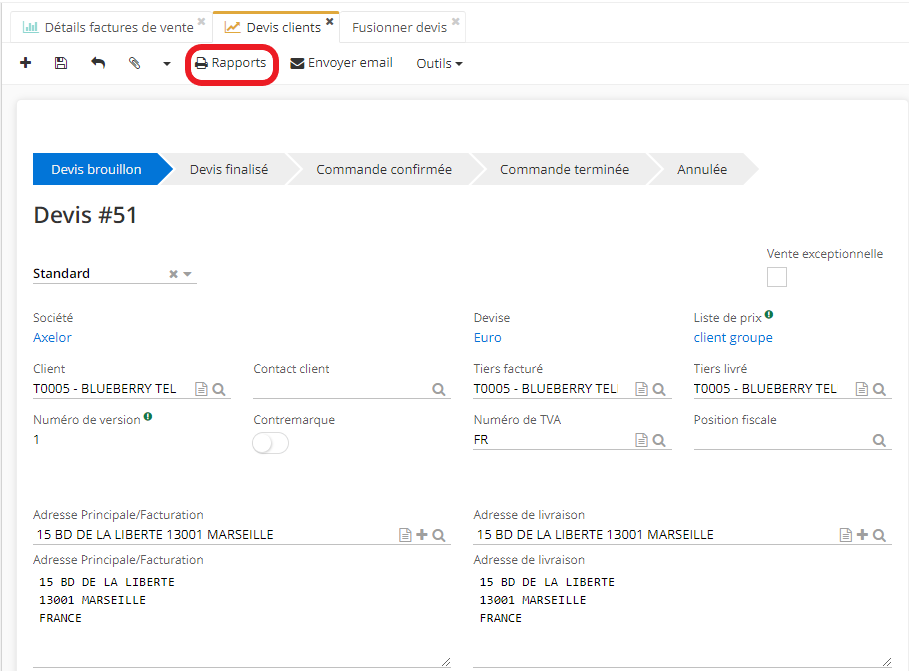 1.5. Cliquez sur les Rapports afin d’imprimer le devis.