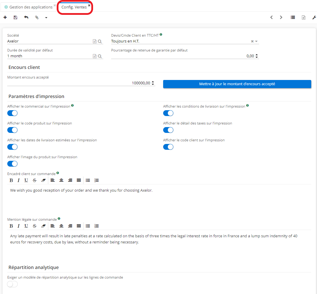 1.1. La page de Configuration de Ventes  par société.