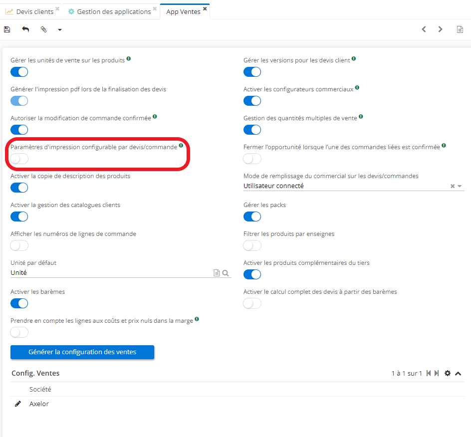1.3. Sur la page d’App Ventes, activez la coche “Paramètres d’impression configurable par devis/commande”. Lorsque cette option est activée, il devient possible de configurer les paramètres de l’impression sur la fiche de devis en cliquant sur l’onglet “Impression”.