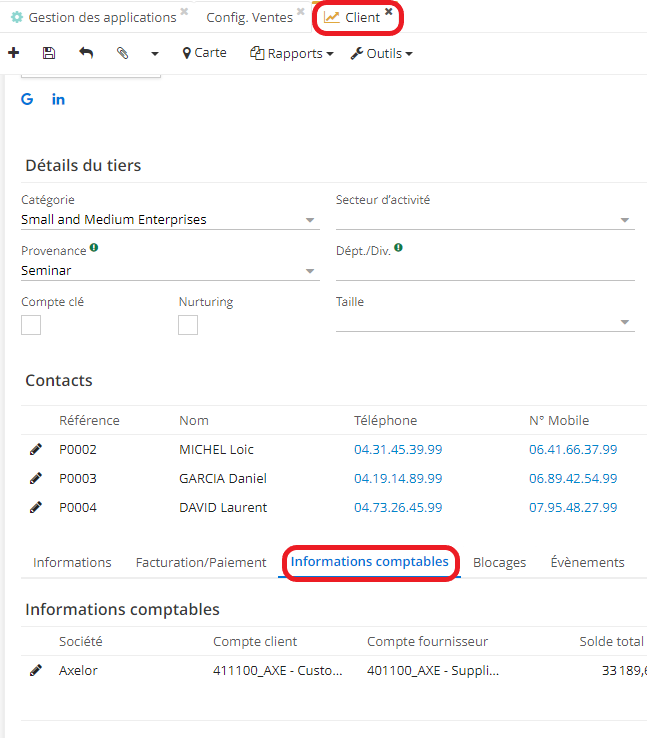 1.2. Vous pouvez consulter l’encours sur la fiche client en cliquant sur l’onglet “Informations comptables”. Cliquez ensuite sur la fiche de société.