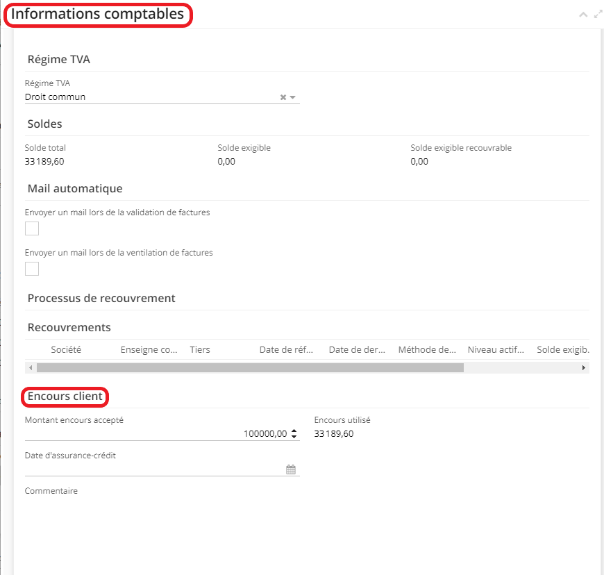 1.3. Une fois que vous avez cliqué sur la fiche de société dans l��’onglet “Informations comptables”, il devient possible de consulter et modifier l’encours client.
